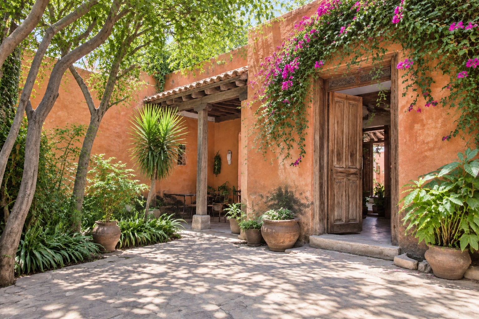 Patio mexicano con muros de terracota, puerta de madera y bugambilias; imagen ilustrativa