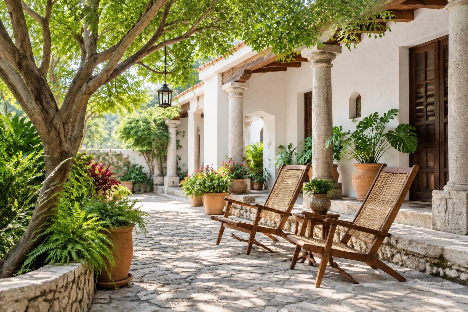 Terraza ilustrativa de una casa en Jalisco, con sillas de descanso bajo un árbol y suelo de piedra